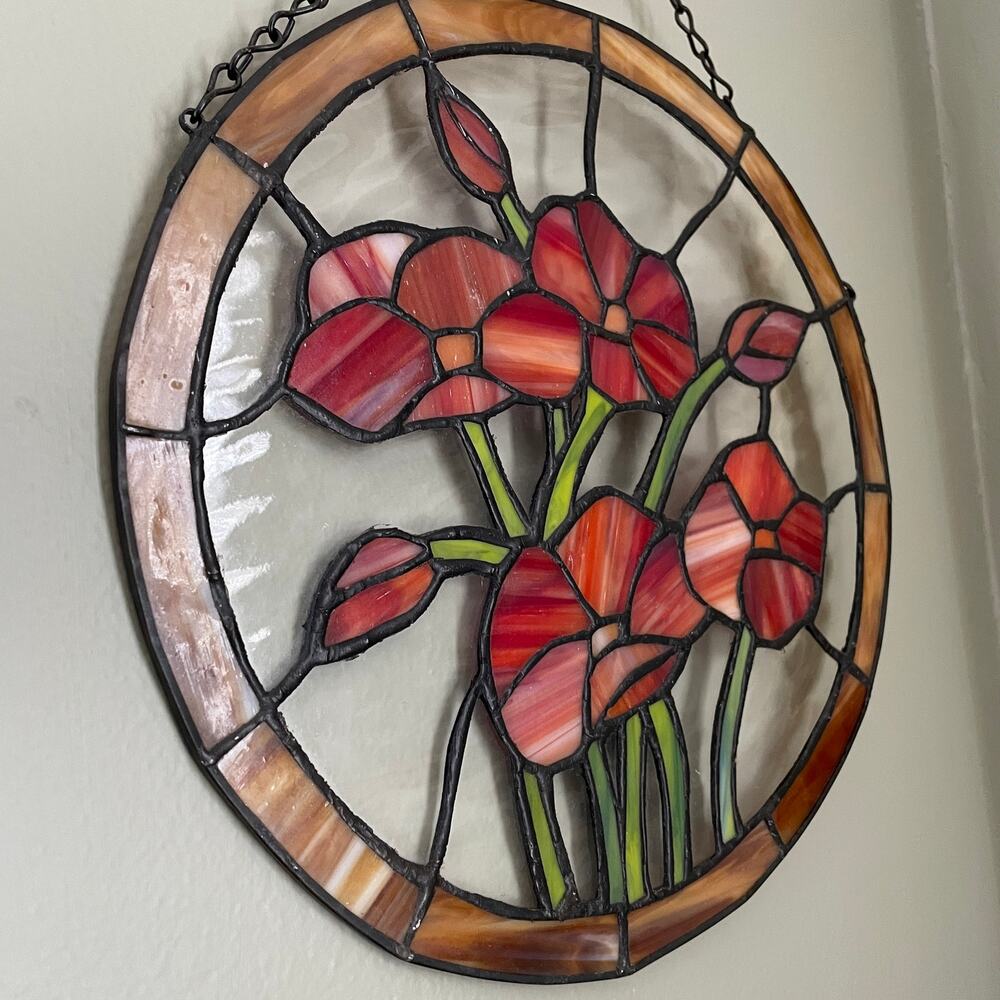 Vintage Round 12" Stained Glass Poppy Flower Suncatcher - Handmade Glass - Picture 2 of 9